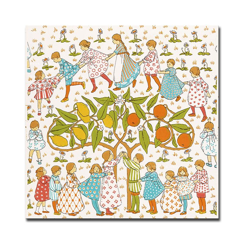Tree and Kids Canvas Print Textured Children's Art Kids Bedroom Wall Decor in Orange