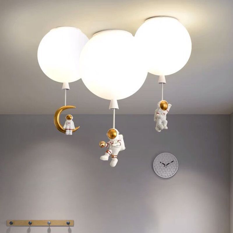 White Glass Balloon Ceiling Lamp Childrens Style Flush Mount Lighting with Resin Toy