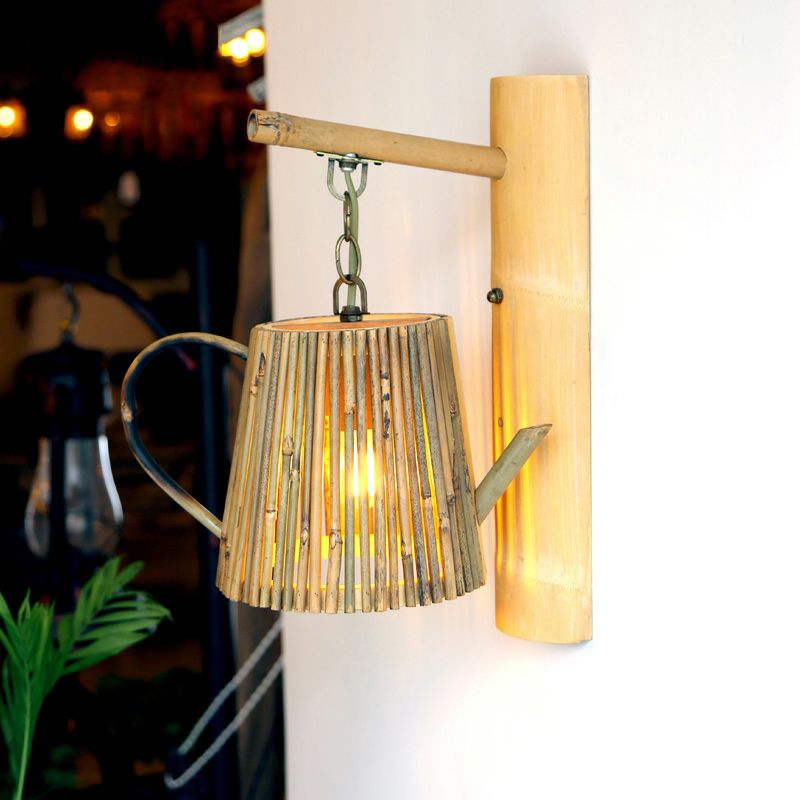 Single Restaurant Wall Light Chinese Style Wall Hanging Lamp with Woven Bamboo Shade