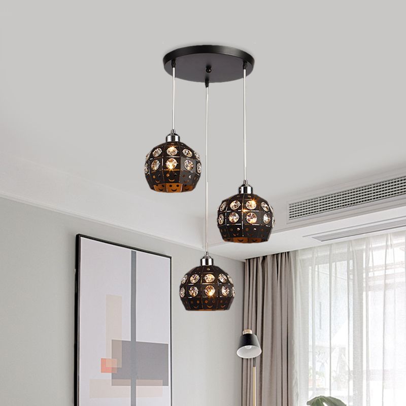Dome Comedor de comedor Light Crystal incrustado 3 cabezas de lámpara de múltiples cabezas modernistas en negro