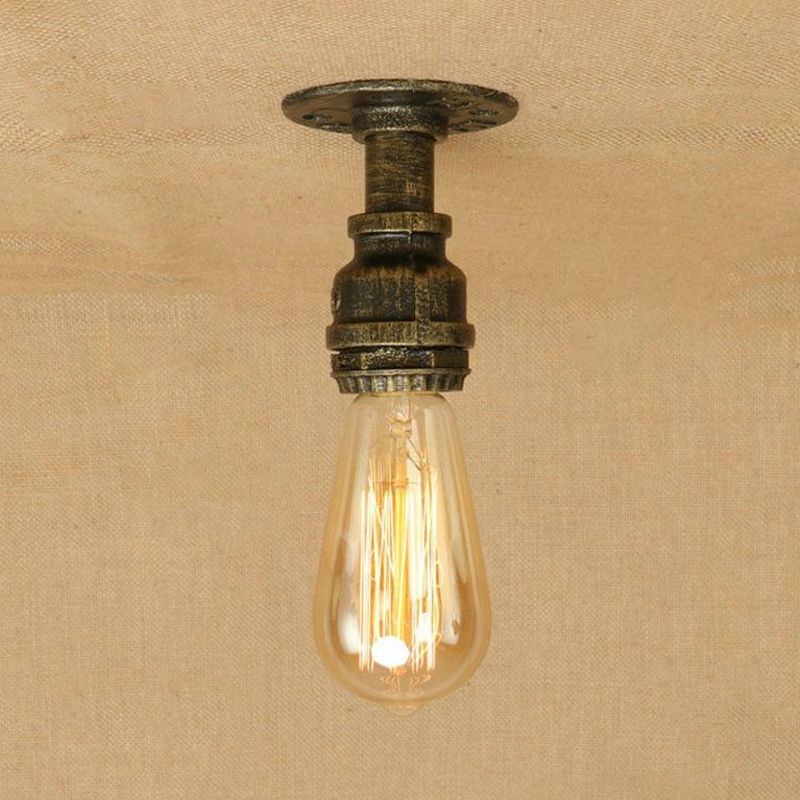 1 Head Iron Semi Flush Lighting Industrial Rustic Bronze/Antique Brass Open Bulb Corridor Ceiling Lamp