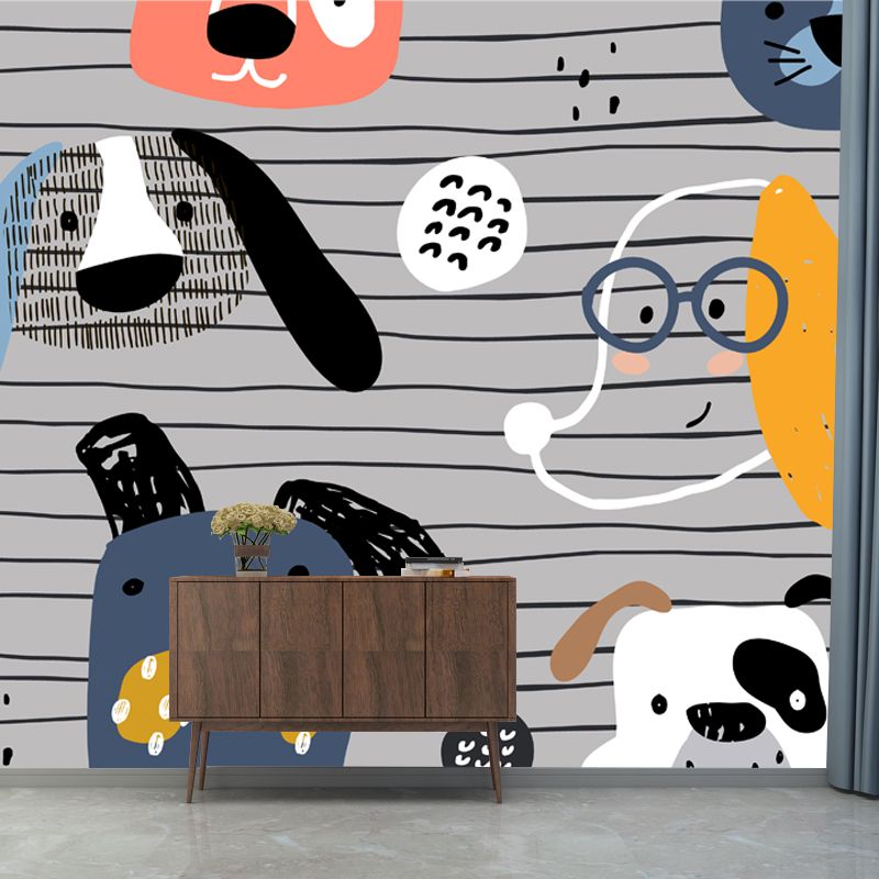 Whole Cartoon Wallpaper Mural Grey Dog Head on Stripe Background Wall Art, Size Optional