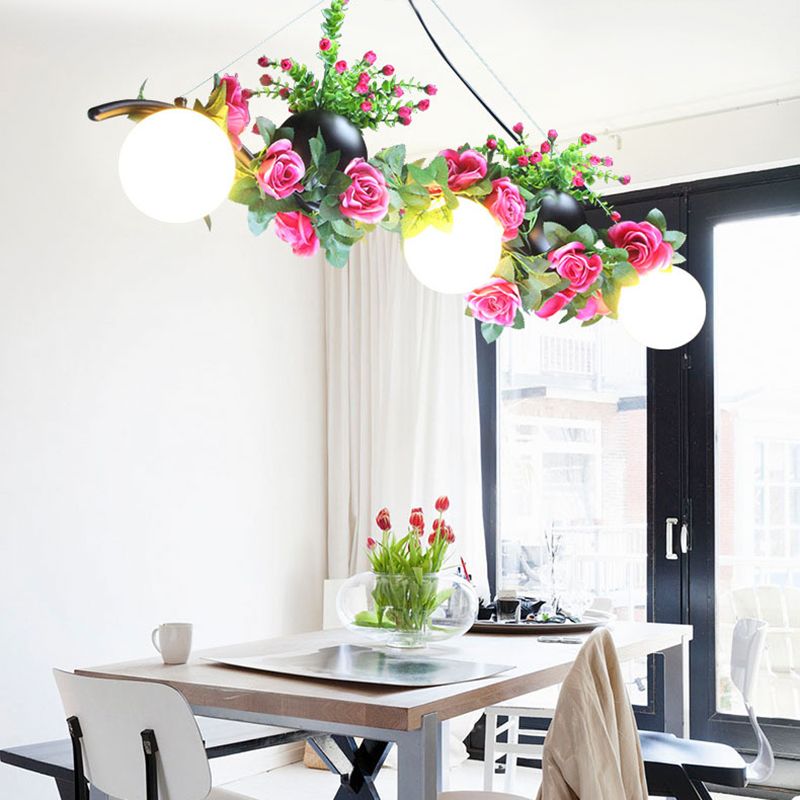 Ball Dining Room Island Lamp Industrial Opal Glass 3 Heads Black Flower Hanging Pendant Light