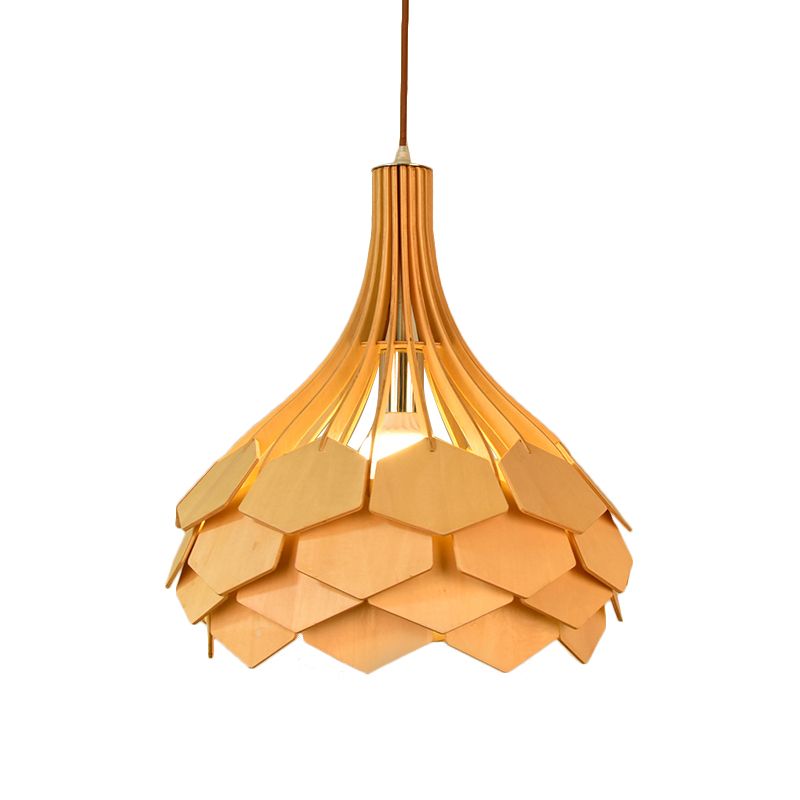Teardrop -Anhänger Leuchte Asia Holz Ein -Beige -Hanglampe mit Tinecone -Element