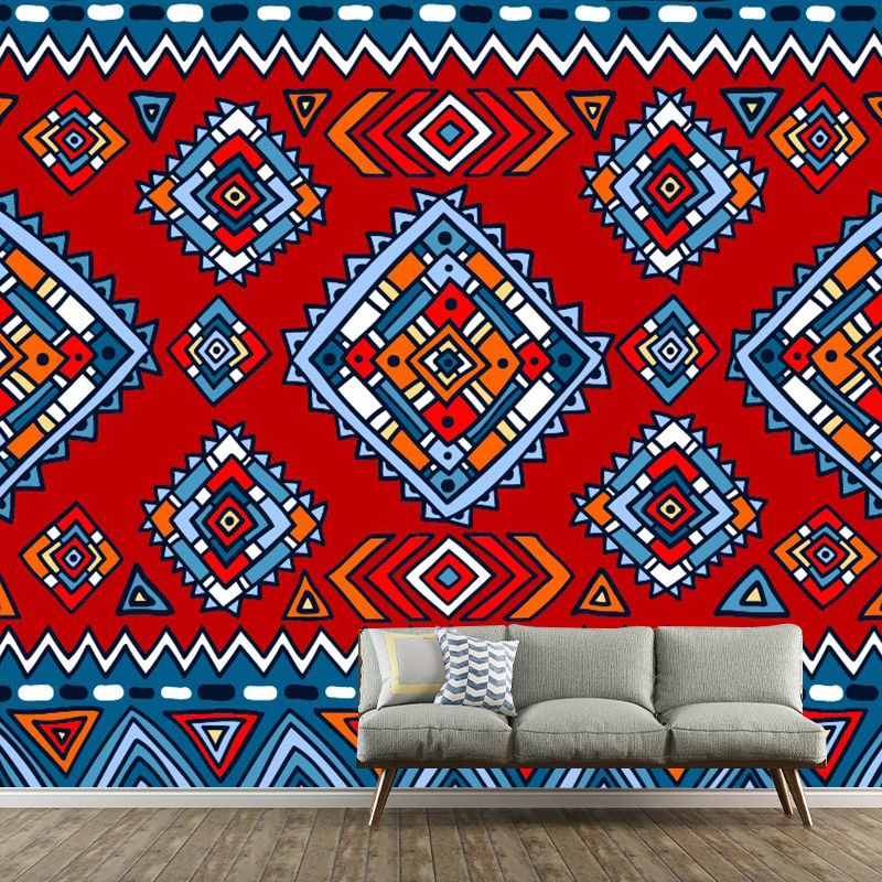 Boho-Chic Zigzag Square Murals Red-Blue Waterproofing Wall Decoration for Bedroom