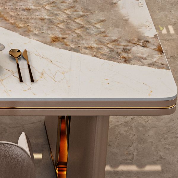 Luxury Sintered Stone Top Dining Table in White Rectangle Table with Double Pedestal