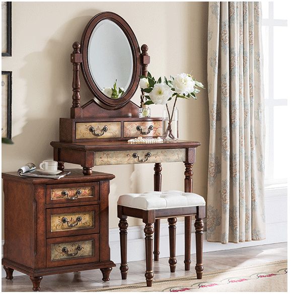Victorian Wood Vanity Table with Mirror and Stool 15.75" D Vanity Table Set