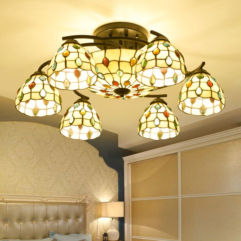 Tiffany Perlen Semi Flush Light 9/11 Lichter Beige Glasdecke montiert für Schlafzimmer