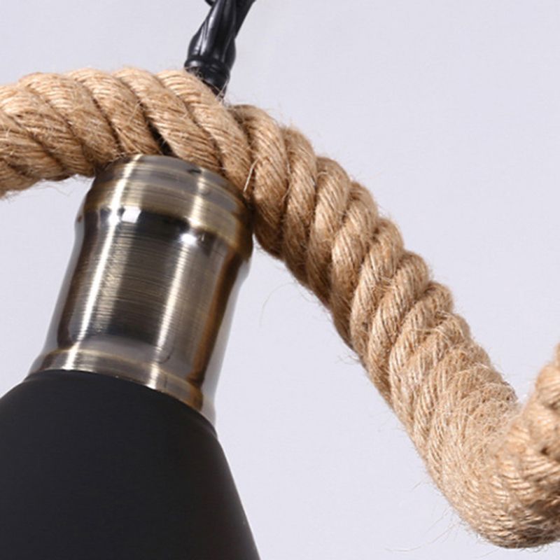 Wave-shaped Hemp Rope Island Lamp Industrial Retro Black Metal Saucer Shade Pendant Light for Bar
