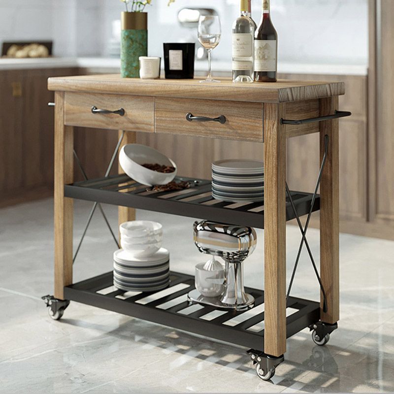 Modern Open Storage Kitchen Trolley Rolling Pine Wood Prep Table