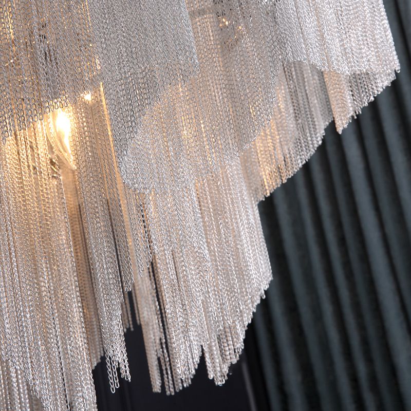 Silver Geometric LED Hanging Lamp Modern Style Tassel Indoor Ceiling Light with Aluminium Chain