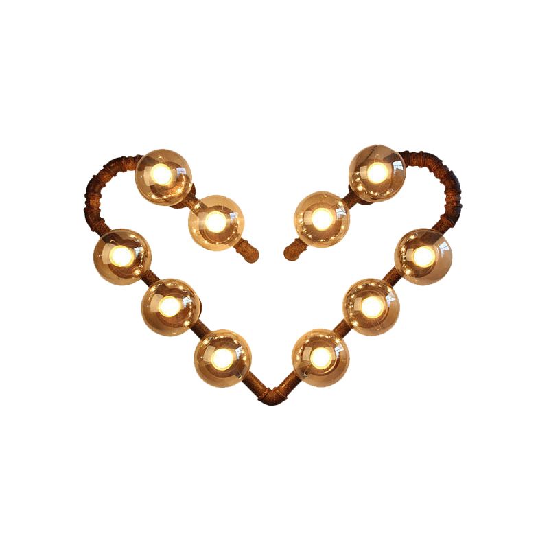 Heart Shape Pipe Metal Wall Sconce Industrial 10 Bulbs Restaurant Wall Mounted Lamp in Rust with Ball Clear Glass Shade