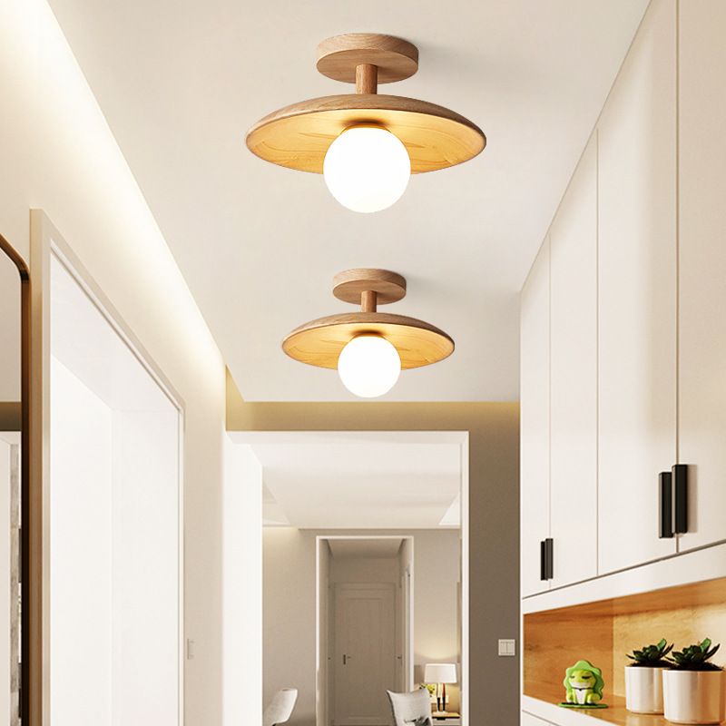 Log Color Globe Semi Flush Mount in Modern Simplicity Wooden Indoor Ceiling Light with Glass Shade