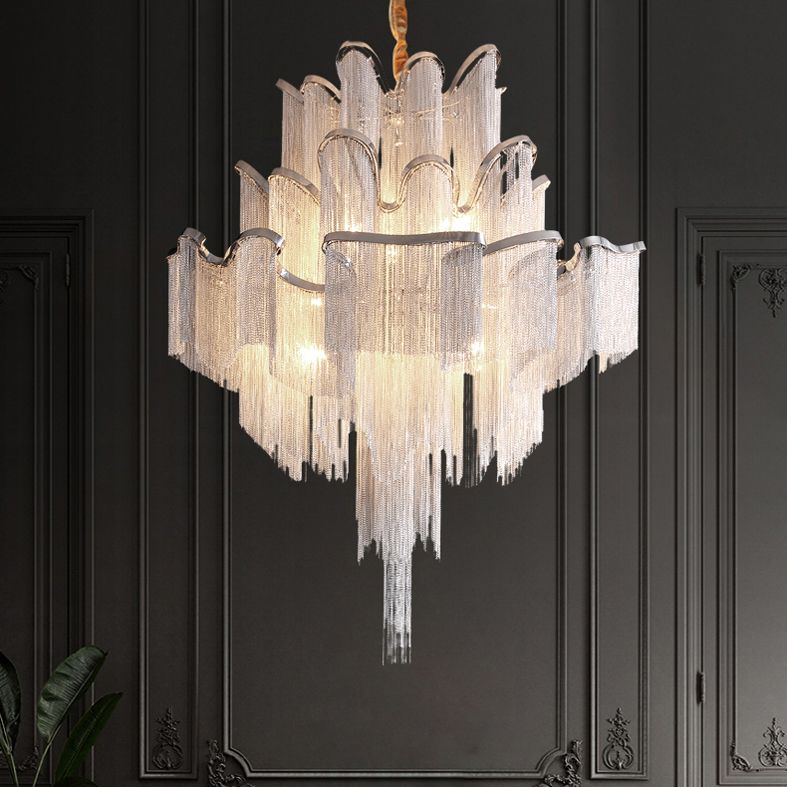 Silver Geometric LED Hanging Lamp Modern Style Tassel Indoor Ceiling Light with Aluminium Chain