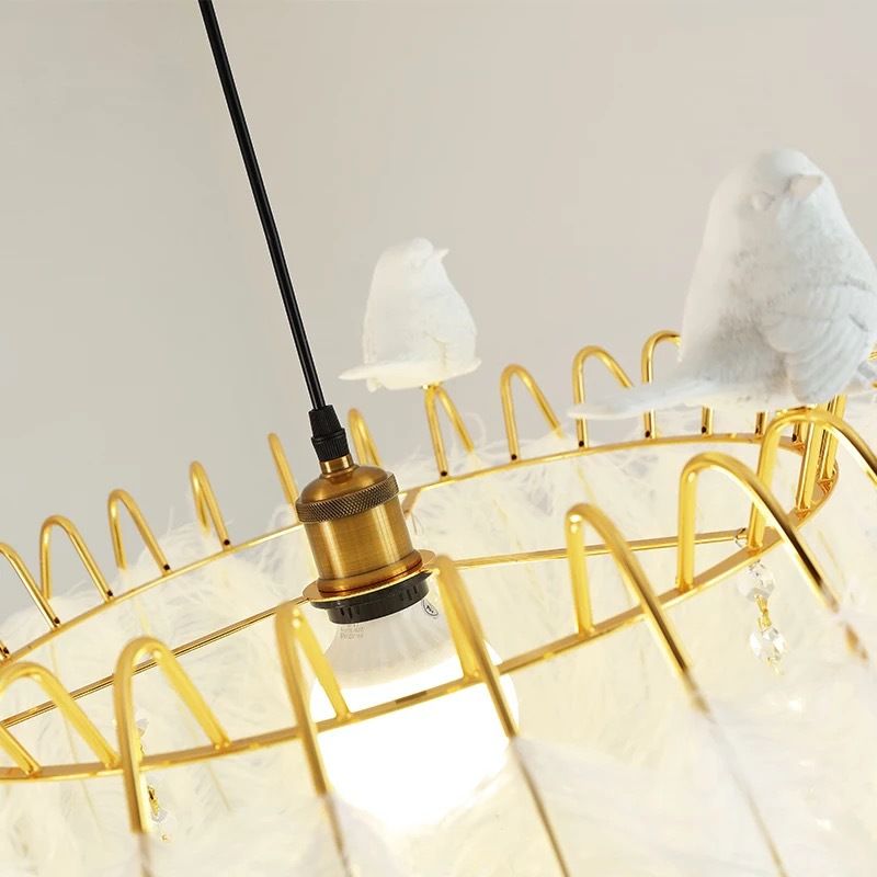 Drum Hanging Light Fixture Modern Feather Living Room Ceiling Pendant Lamp in White