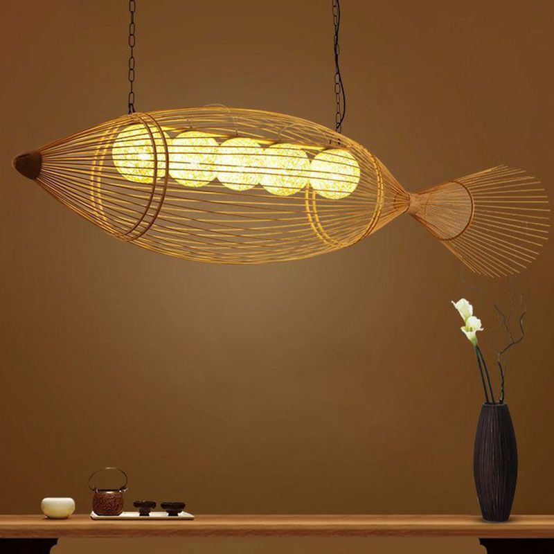 Handwoven Fish Asian Style Suspension Light Bamboo Restaurant Chandelier Light in Wood