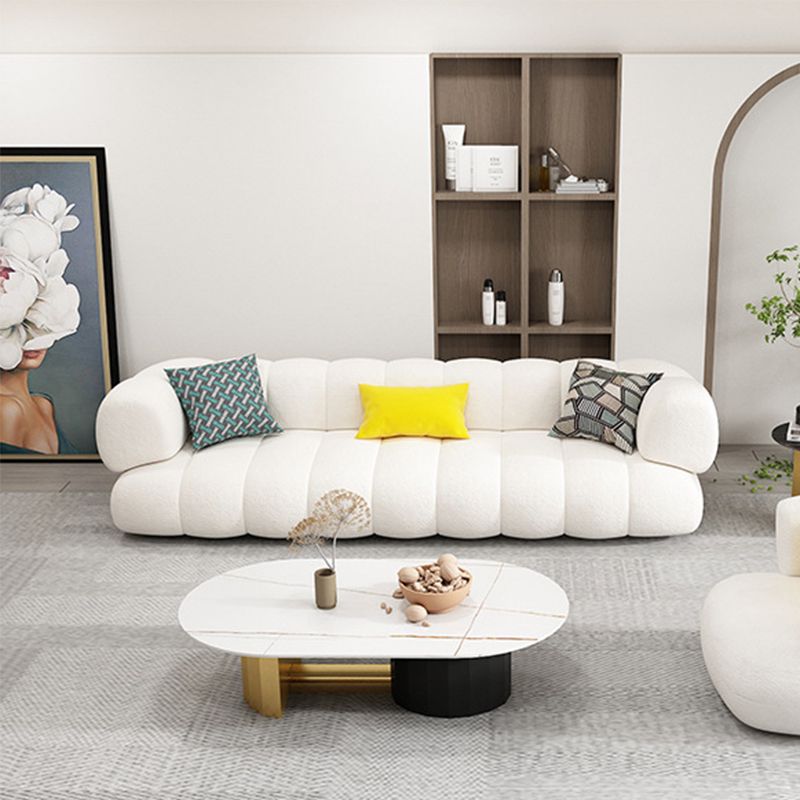 White Recessed Arm Curved Sofa Wool Sofa with Sewn Pillow Back
