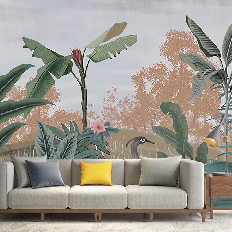 Tropical Botanical Leaf Wall Covering in Green Living Room Mural Wallpaper, Custom-Made