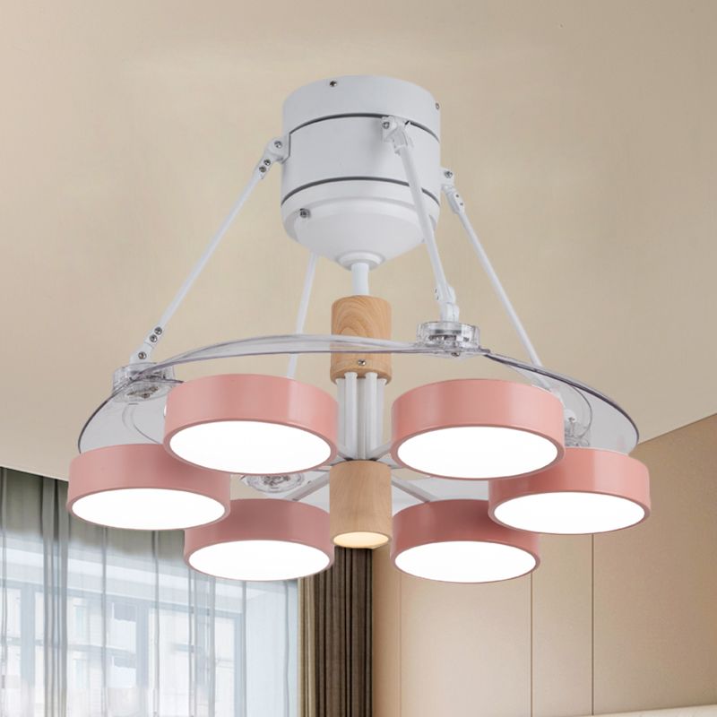 Simplicity Drum Pendant Fan Light Metallic 6-kop 48 "W Drawing Room dicht bij plafondlamp met 4 heldere messen in zwart/wit/roze