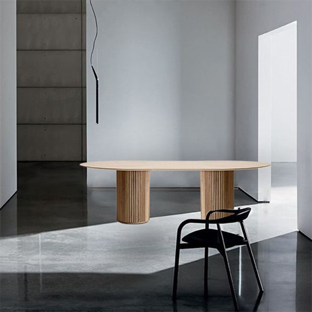 Rectangle Brown Modern Dining Table Solid Wood Table with Double Pedestal Base
