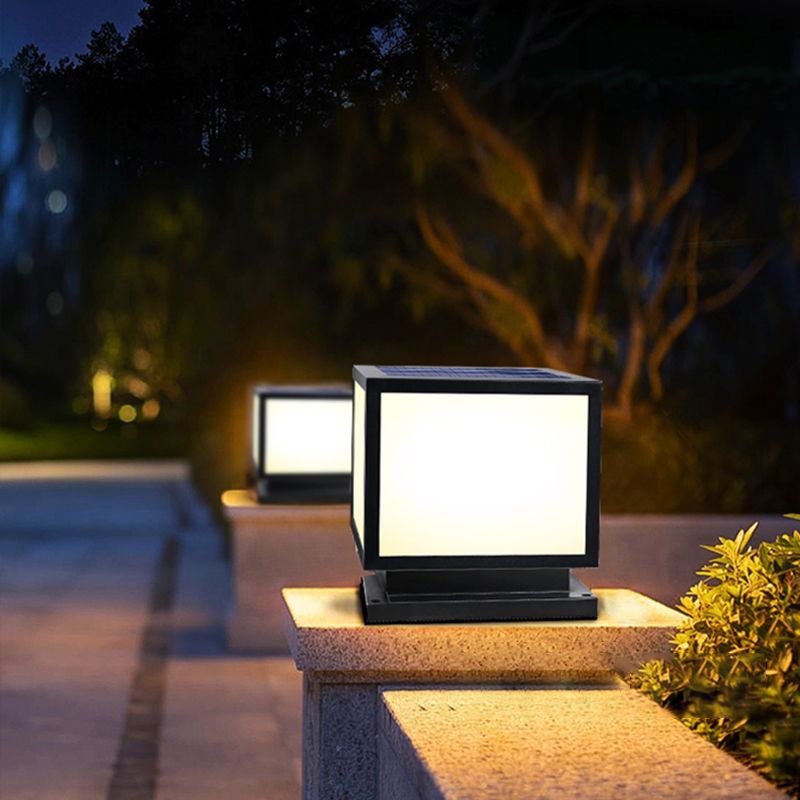 Square Shape Metal Outdoor Lamp Modern Style 1 Light Solar Pillar Lights in Black
