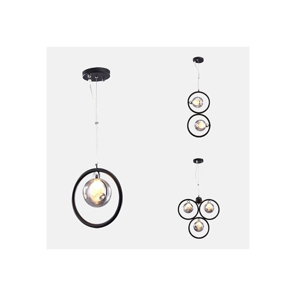Iluminación colgante redonda de vidrio con piso con poca luz moderna 1/2/3 luces lámparas de techo colgantes de led en negro con anillo de hierro