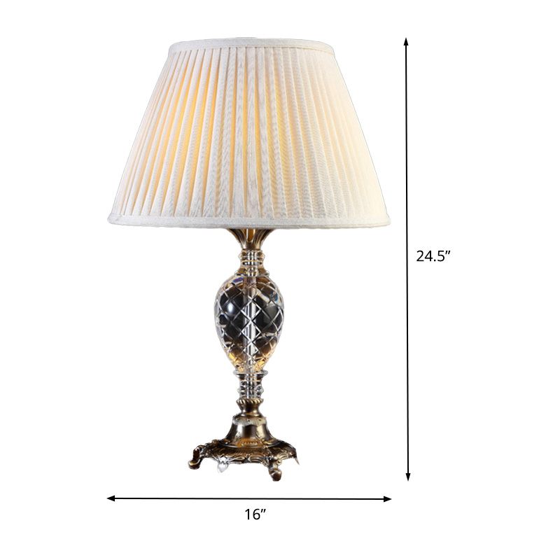Cream Gray Pleated Table Light Modern 1 Bulb Fabric Desk Lamp, Bronze Carved Metal Base