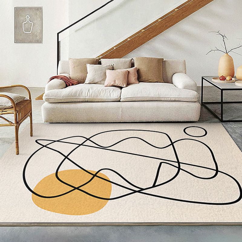 Beige Abstract Line Rug Polyester Simple Rug Washable Rug for Living Room