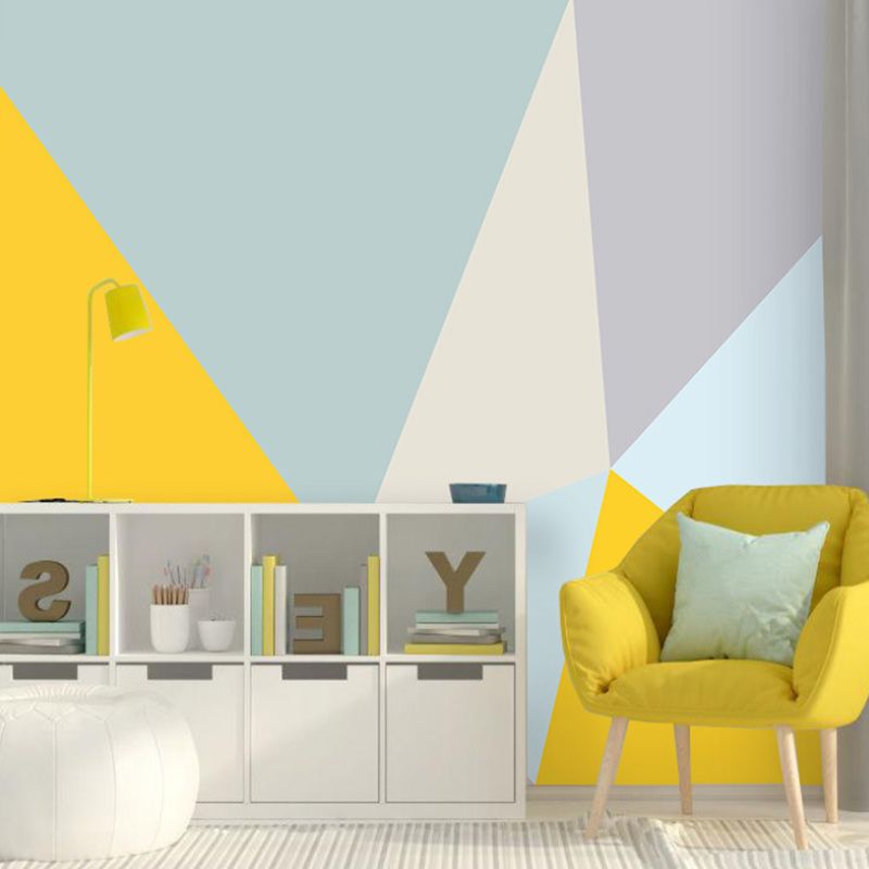 Personalized Size Illustration Wall Mural for Living Room with Color Block in Blue and Yellow