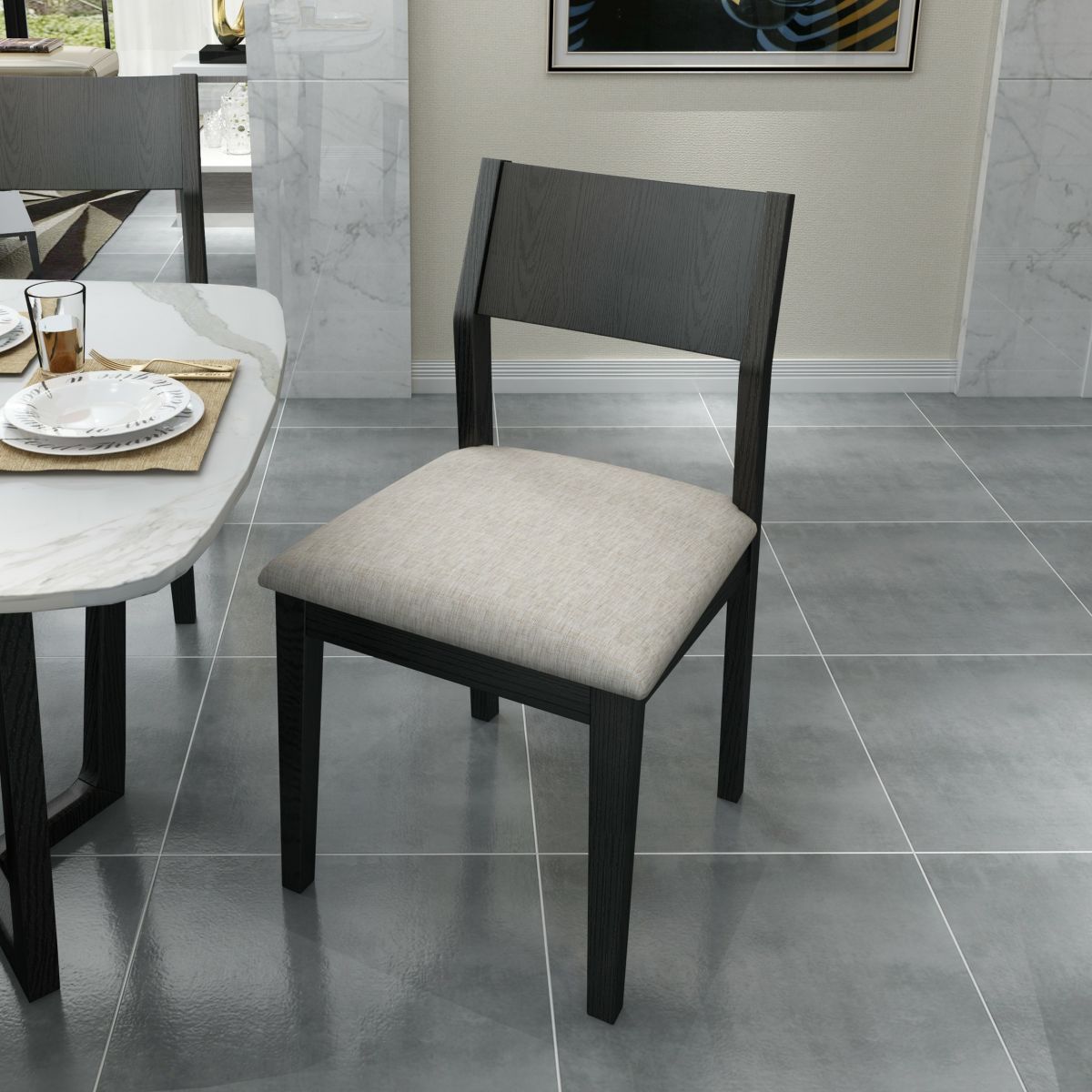 Wood Industrial Restaurant Side Chair Open Back Dining Chair with Black Legs