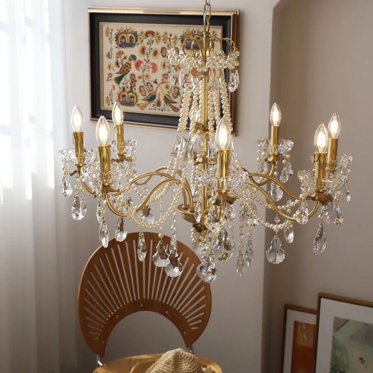 American Chandelier Brass Multi Light Hanging Light with Crystal for Bedroom