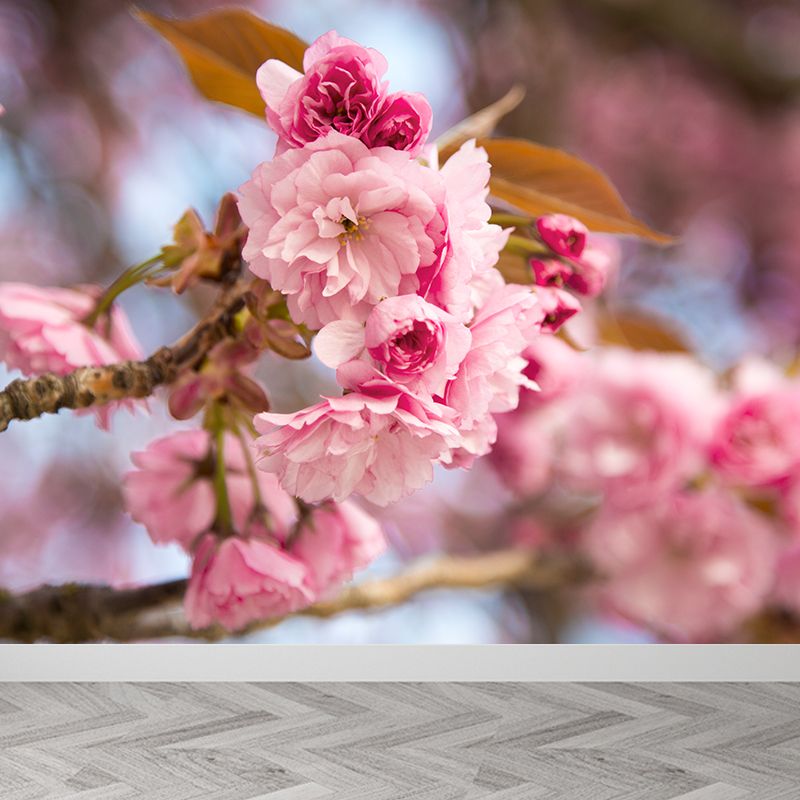Pink Cherry Blossoming Mural Wallpaper Moisture Protection Modern Bathroom Wall Art