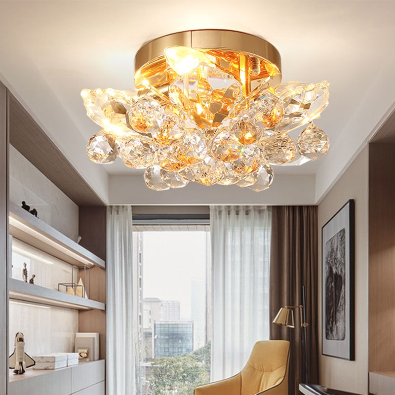 4 Lights Beaded Flush Mount Fixture Rural Style Chrome/Gold Finish Crystal Ball Ceiling Mounted Light for Living Room