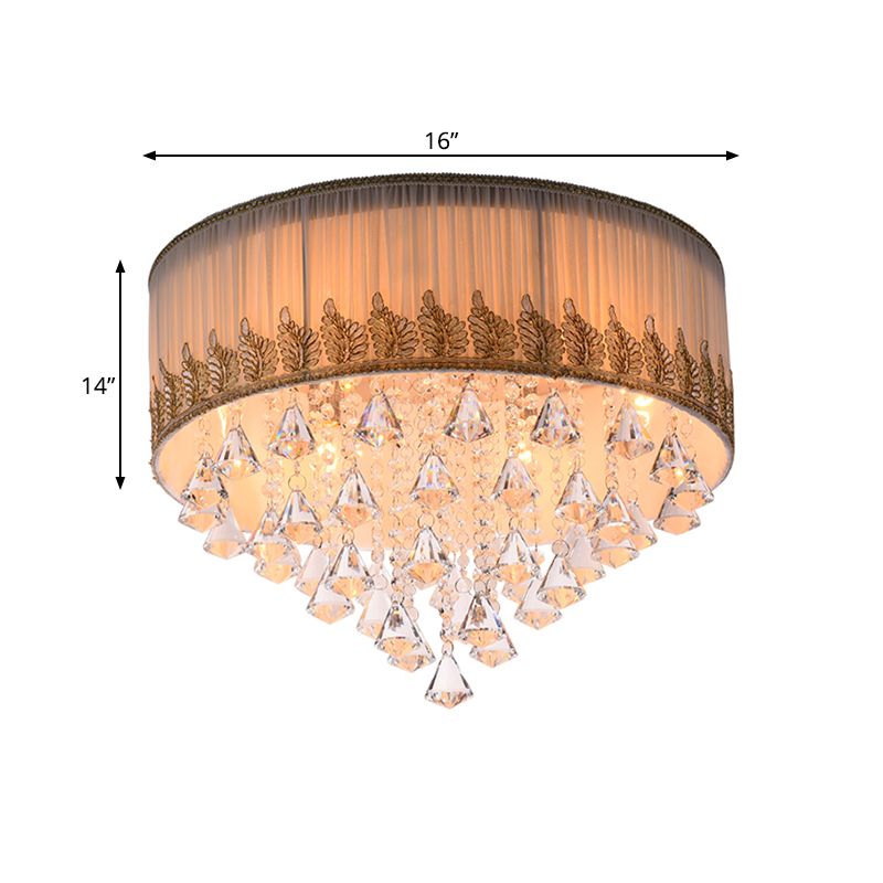 Braided Trim Pleated Fabric Ceiling Lamp Modern 4-Light Lounge Flushmount with Clear Crystal Diamond Drape