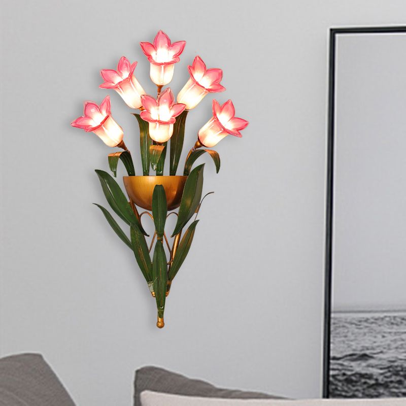 Green/Purple Glass Morning Glory Sconce 6/10 Lights Bedroom Wall Light Fixture with Leaf Deco