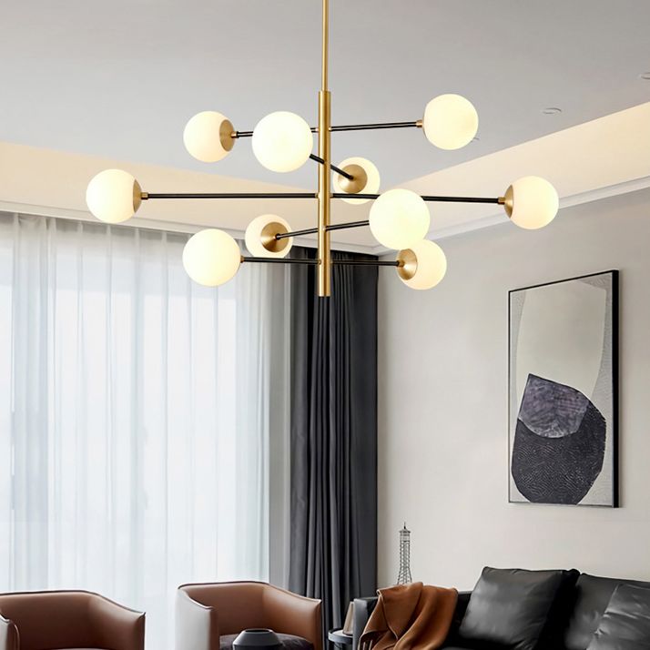 Post-Modern Hanging Chandelier Light Satin Opal Glass Ceiling Chandelier in Gold for Living Room
