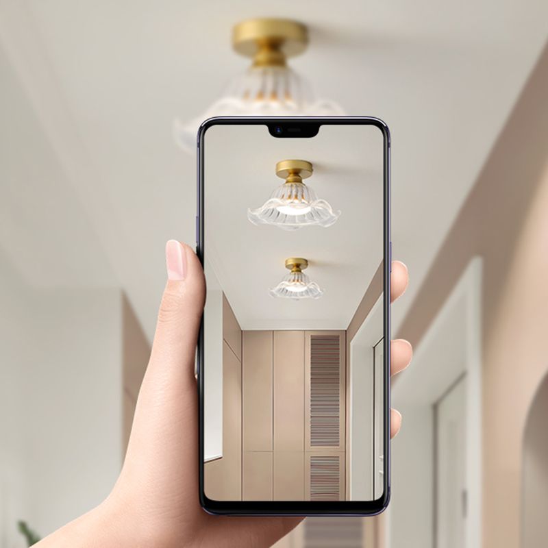 Glass Flower Ceiling Mounted Fixture Simplicity Gold Semi Flush Light
