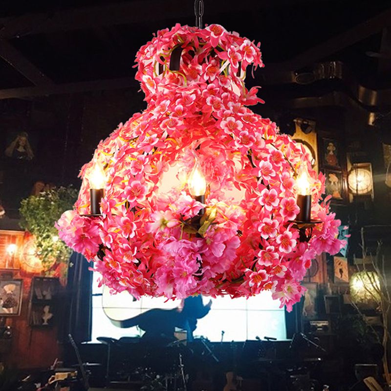 5 Lights Chandelier Lighting with Flower Metal Industrial LED Restaurant Drop Pendant in Pink