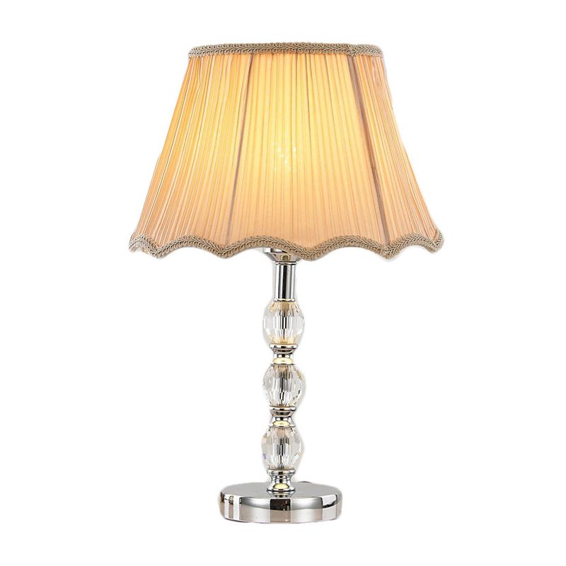 1-Head Bedroom Crystal Table Light Minimalism Beige Nightstand Lamp with Bell Fabric Shade