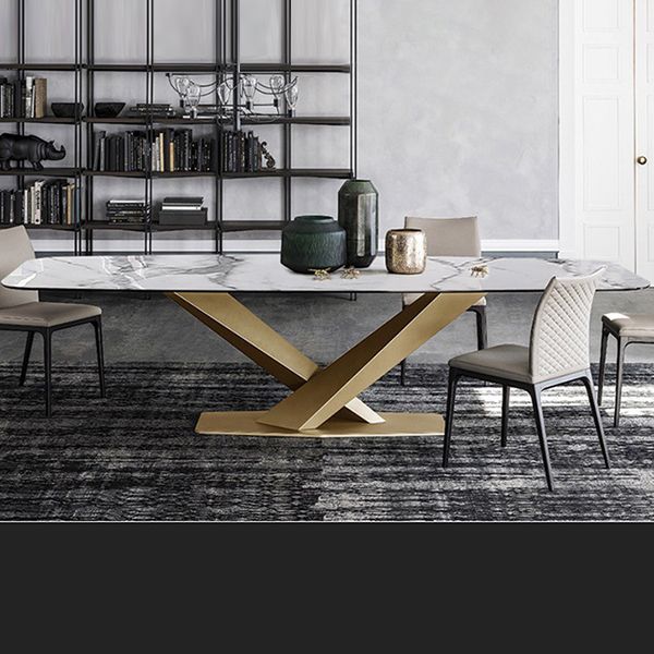 Industrial Sintered Stone Table Dining Rectangle Table with Metal Legs for Kitchen