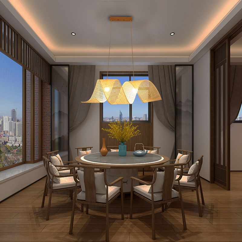 33.5" Width Twist Suspension Pendant Asian Style Bamboo 2-Light Flaxen Hanging Light