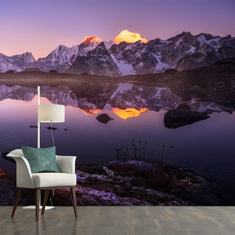 Snow Mountain River Reflection Mural Modern Washable Indoor Wall Covering in Purple, Custom-Print