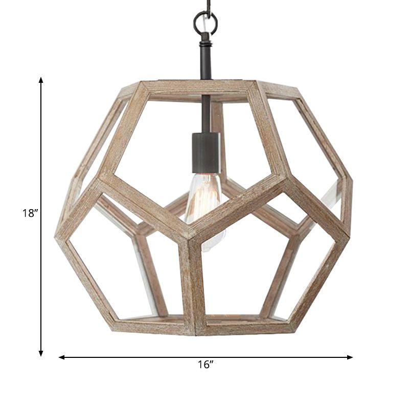 Polygon Beige Wood Pendant Light Fixture Farmhouse 1 Light Corridor Hanging Ceiling Light