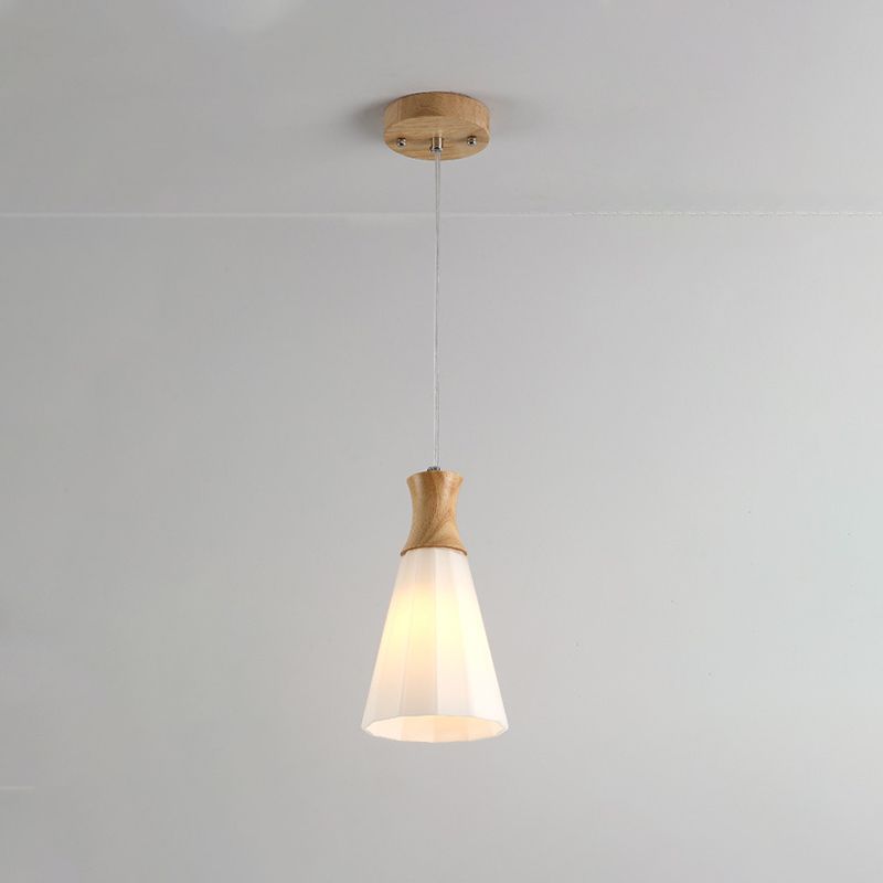 Cone Hanging Pendant Light Nordic Milky Glass 1/3-Bulb Wood Suspension Lamp with Round/Linear Canopy