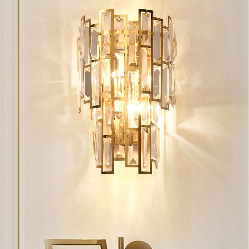 Gold Curved Sconce Light Fixture Postmodern 2-Bulb Crystal Rectangle Wall Lamp for Living Room