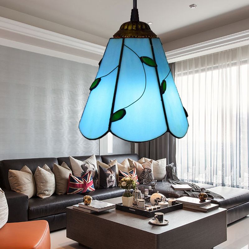 Stained Glass Conical Hanging Lamp Tiffany 1 Bulb Blue/Beige Down Mini Pendant for Living Room