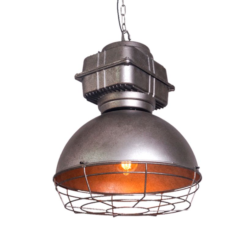 Vintage Dome -Anhänger Deckenleuchte 1 Kopf Metallic Hanging Lamp in Silber mit Käfig