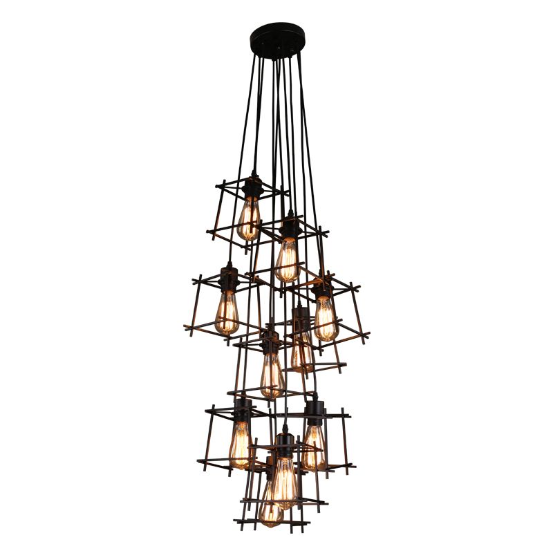 Luz colgante geométrica negra en araña de hierro forjado de estilo vintage industrial con marco de hierro