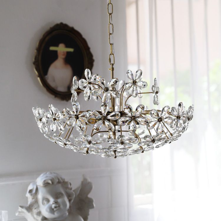 Fantasy Petal-shaped Crystal Chandelier Vintage Brass Multi-lights Lighting Fixture for Living Room
