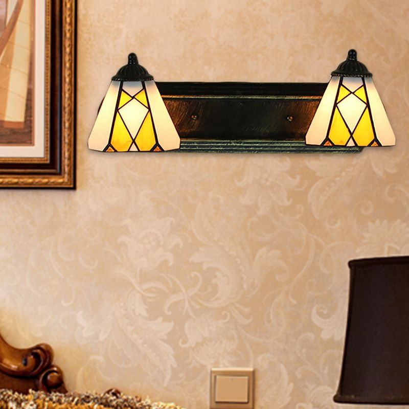 Yellow Glass Cone Sconce Lighting Tiffany 2 Heads Bronze Wall Mount Light for Bedroom